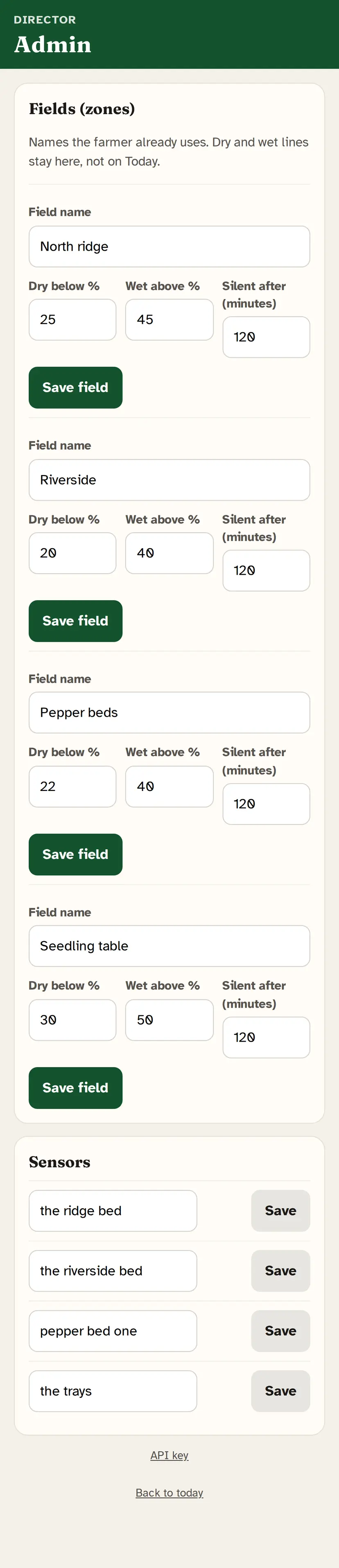 iPhone Field app, Admin. Director names each bed and sets dry and wet lines. Not the farmer morning screen. Simulated farm.