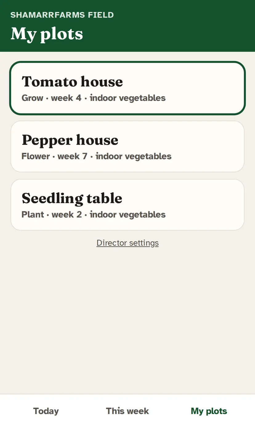 iPhone Field app, My plots. Tomato house, Grow, week 4. Pepper house, Flower, week 7. Seedling table, Plant, week 2. Each is its own farming system. Simulated farm.